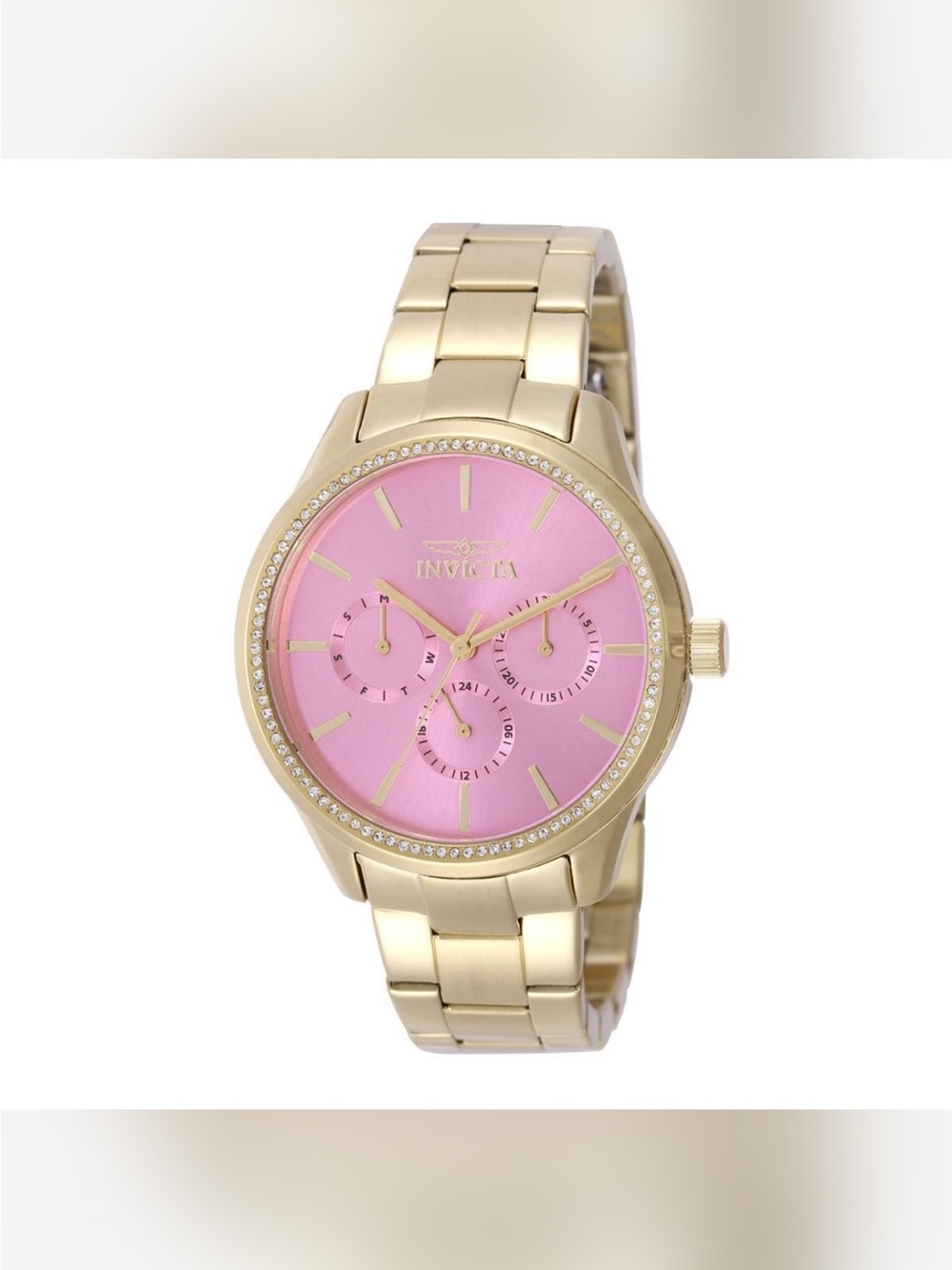 Angel Lady Invicta Gold-Tone Bracelet Watch with Pink Dial & Crystal Bezel 38mm